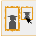 Two yellow picture frames each with a person in a graduation cap, a mouse pointer hovering over one.